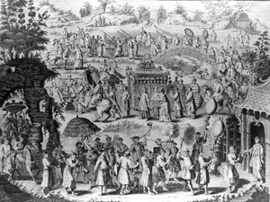 Procesja panny młodej wracającej do domu do męża, ilustracja z „Nowej ogólnej kolekcji podróży i podróży”, opracowanej przez Johna Greena, 1747