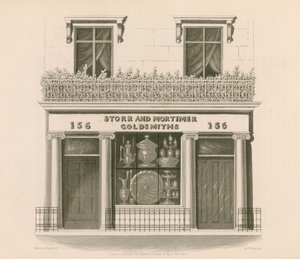 Front sklepu w stylu jońskim panów Storr and Mortimer, złotników i jubilerów, nr 156, Bond Street, Londyn autorstwa Nathaniel Whittock