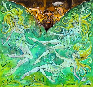 Alberich and the Rhinemaidens- ilustracja „Das Rheingold” autorstwa Neale Osborne