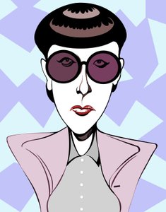 Edith Head, amerykańska projektantka kostiumów (1907 - 1981), kolorowa karykatura z ciemnymi okularami autorstwa Neale Osborne