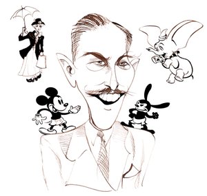 Walt Disney, amerykański producent filmowy, magnat biznesowy, rysownik i animator; karykatura z Mary Poppins autorstwa Neale Osborne