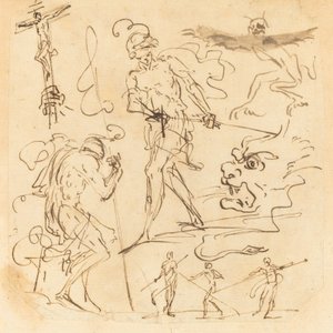 Arkusz studiów z żołnierzem rysującym miecz, krucyfiksem, potwornymi zwierzętami i innymi figurami autorstwa Neapolitan 17th Century