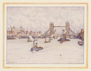 Wieża i most Tower Bridge (kolorowa litografia)
