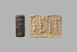 Pieczęć cylindryczna z odciskiem człowieka-skorpiona i współczesną, ok. VIII–VII w. p.n.e. (kwarc, kryptokrystaliczny) autorstwa Neo Assyrian