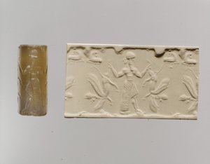 Pieczęć cylindryczna i współczesna impresja: postać męska dominująca nad lwami o ludzkich głowach, ok. 1930 r. 8-7 wpne (chalcedon)