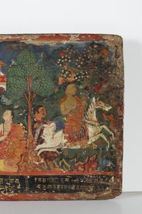 Detal z okładki rękopisu buddyjskiego (nieprzezroczysta akwarela na drewnie) autorstwa Nepalese School