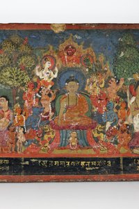 Detal z okładki rękopisu buddyjskiego (nieprzezroczyste wc na drewnie) autorstwa Nepalese School