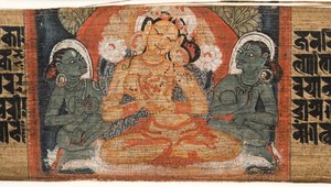 Folio 2r Bogini Prajnaparamita, z Astasahasrika Prajnaparamita (tusz i kolory na liściach palmowych i drewnie) (detal z 430760) autorstwa Nepalese School