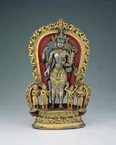 Jatamukuta Lokesvara, królestwo Khasa Malla (1100-1484) (paczka złocona, stop miedzi i pigment)