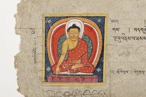 Strona z rękopisu buddyjskiego, prawdopodobnie z Mahashitalanika, ok. 1400 (nieprzezroczysta akwarela i tusz na papierze) autorstwa Nepalese School