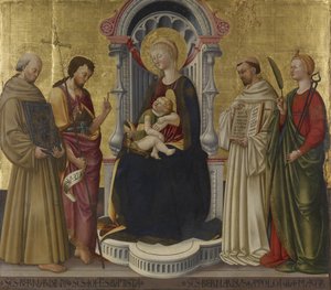 Dziewica z Dzieciątkiem na tronie z czterema świętymi, c.1450 (tempera i złoto na panelu) autorstwa Neri di Bicci