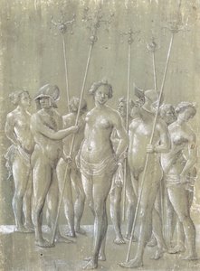 Pięciu nagich żołnierzy trzymających kijki, dwóch w hełmach i trzy nagie kobiety, 1522