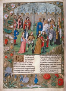 Harl 4425 f.14v Carolle in the Garden, z „Roman de la Rose”, Brugia, c.1490-1500 (welum) autorstwa Netherlandish School