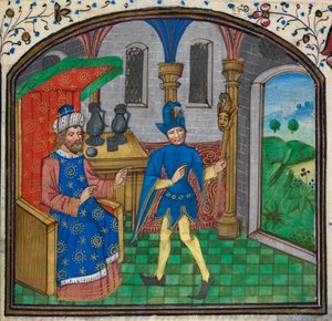 Harley 3000, f.189 Głupiec ze swoim panem, z Księgi godzin mistrza Mildmay, ok. 1460-70 (welum) autorstwa Netherlandish School