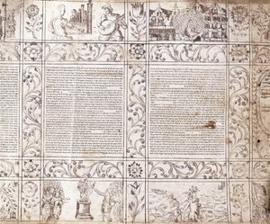 Iluminowany rękopis pismem sefardyjskim, przedstawiający sceny z życia Holendrów i Biblię z kartuszami kwiatowymi, XVII w. autorstwa Netherlandish School