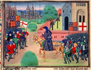 Roy 18 E I f.165v Bunt chłopski z chorągwiami Anglii i św. Jerzego, John Ball na czele rebeliantów, ilustracja z „Chroniques de France et d