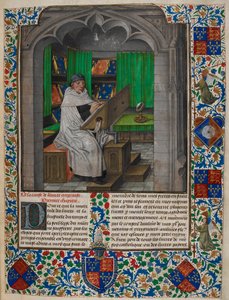 Royal 14 E. I f.3 Vincent de Beauvais czytający przy biurku, z „Speculum Historiale, Book I”, autorstwa Wincentego z Beauvais i Jeana de Vignay (welum) autorstwa Netherlandish School