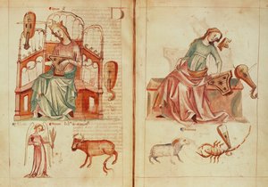 Sloane MS 3983 fol.42v-43 Wenus grająca na instrumencie ze swoimi znakami rządzącymi i ze szkodą, z „Liber Astrologiae” (welum) autorstwa Netherlandish School