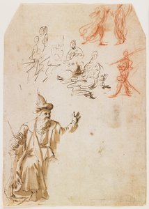Studium proroka Starego Testamentu i inne studia postaci (recto); Studium postaci męskiej ze liną (verso) (długopis i brązowy tusz i wash, czerwona i czarna kreda) autorstwa Netherlandish School