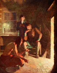 Spotkanie Indian Długomyśli we wczesnym domu osadników (kolor lito) autorstwa Newell Convers (after) Wyeth