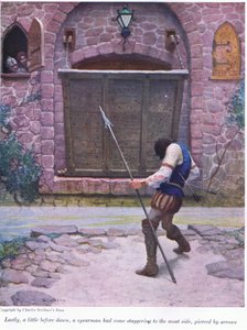 Wreszcie tuż przed świtem włócznik przeszył strzałami, chwiejąc się od strony fosy, 1916 autorstwa Newell Convers Wyeth