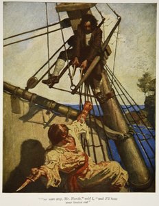 Jeszcze jeden krok, panie Hands, powiedziałem, a rozwalę panu łeb, ilustracja z "Wyspy skarbów" Roberta Louisa Stevensona, wyd. Charles Scribner