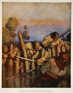 Pensjonariusze roili się przez płot jak małpy, ilustracja z pubu „Wyspa skarbów” Roberta Louisa Stevensona. przez Synów Charlesa Scribnera, 1911 autorstwa Newell Convers Wyeth