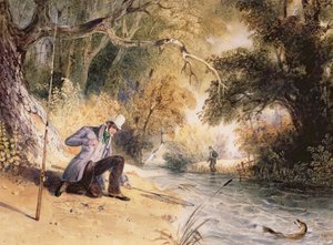 Łowienie szczupaków, Landing a Jack, ok.1839 (akwarela na papierze) autorstwa Newton Fielding