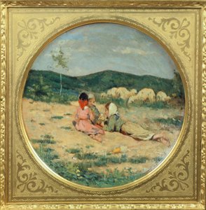 Talerz malowany z postaciami pasterzy, pędzla Niccolo Cannicci, ok. 1880 r., olej na płycie z terakoty