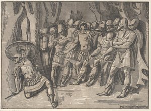 Ajax w lewym dolnym rogu trzymający w górze tarczę, po prawej stoi Agamemnon otoczony przez jego..., 1540-50.