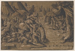 Cloelia rzymska bohaterka w centrum wsiadana na konia, Rzym w tle,..., 1540-50