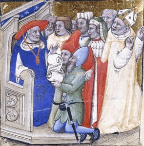 Kardynał zasiadający w sądzie nad biskupem, oskarżonym przez dwóch świeckich, ok. 1380 (farba i złoty płatek na welinie) autorstwa Niccolo di Giacomo