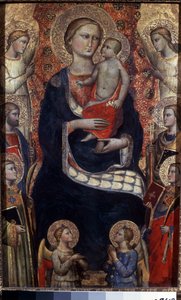 Madonna z Dzieciątkiem ze świętymi i aniołami. Madonna z Dzieciątkiem, Świętymi i Aniołami. Obraz Niccolo di Pietro Gerini (około 1350-1415). Sztuka florencka, średniowiecze. Tempera na drewnie. Ermitaż, Sankt Petersburg