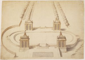 Projekt dla Bowling Green, Hampton Court, c.1689-91 (długopis i brązowy tusz, wash i grafit na papierze) autorstwa Nicholas Hawksmoor