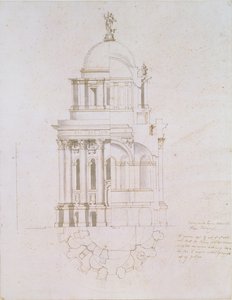 Elewacja, przekrój i plan niezrealizowanego baptysterium dla katedry św. Pawła, ok. 1711-12 (pranie piórem i tuszem na papierze) autorstwa Nicholas Hawksmoor
