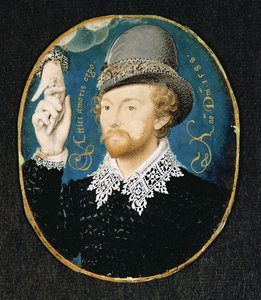 Mężczyzna trzymający się za rękę z chmury, prawdopodobnie William Shakespeare, 1588 autorstwa Nicholas Hilliard