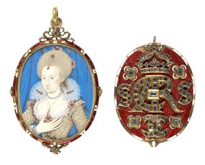 Miniatura portretowa królowej Anny Danii (1574-1619) z wysadzaną klejnotami okładką, ok. 1611 (wc na welinie, emaliowana złota rama wysadzana diamentami stołowymi) (patrz również 69710)