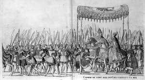 Wjazd papieża Klemensa VII i cesarza Karola V do Bolonii w dniu 24 lutego 1530, tablica 27, ok. 1530 autorstwa Nicholas Hogenberg