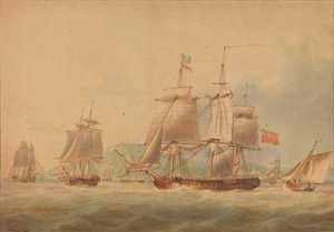 Wypływający konwój w towarzystwie fregaty [prawdopodobnie "Triton" (1796)]. autorstwa Nicholas Pocock
