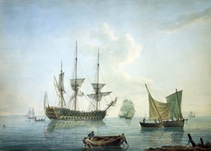 "Fregata trzeciej klasy (70 dział), łódź rybacka i inne łodzie u południowych wybrzeży Anglii". autorstwa Nicholas Pocock