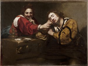 Scena wróżenia (Sen obudzony przez młodą kobietę), Renieri, Niccolo (Nicolas Regnier) (ok. 1590-1667). olej na płótnie autorstwa Nicholas Renieri