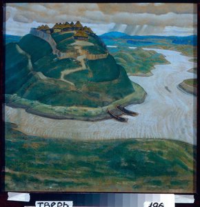 Dawny obóz obronny słowiański. Praca Nicolasa (Mikołaja) Roericha (1874-1947), pastel na tekturze. Sztuka rosyjska, wiek XX, symbolika. Regionalna Galeria Sztuki, Twer. autorstwa Nicholas Roerich