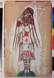 Kostium dla postaci kobiecej z baletu „Święto wiosny” Igora Strawińskiego (1882-1971). Praca Nicolasa (Mikołaja) Roericha (1874-1947), gwasz na tekturze autorstwa Nicholas Roerich