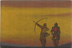 Połowcy, jeden z kokardą, projekt kostiumów do „Tańców połowieckich” z opery Borodina „Książę Igor”, 1943 autorstwa Nicholas Roerich