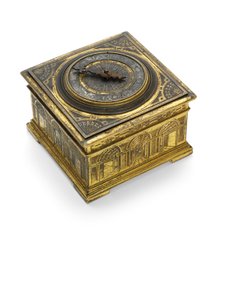Elżbieta I grawerowany efektowny poziomy zegar stołowy, ok. 1590-1600 autorstwa Nicholas Vallin