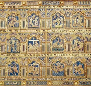 Ołtarz z Verdun, detal dekoracyjnych paneli przedstawiających sceny biblijne, emalia szamotowa z 1181 r.