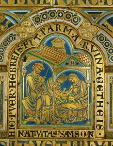 Narodziny Samsona, Manoah w średniowiecznym żydowskim kapeluszu... (emalia na złoconej miedzi) autorstwa Nicholas of Verdun