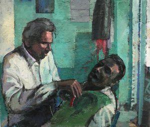 Barbershop, 2017-23 (olej na płycie)