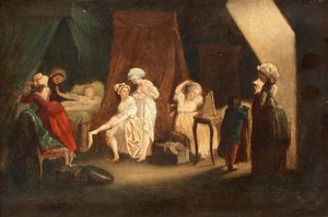Lever des ouvrieres en mode, autorstwa Lafrensena, Niklasa (Nicolas Lavreince lub Lavrince) (1737-1807). Olej na drewnie, format: 27x39, , Kolekcja prywatna