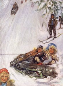 Norwegia: Dziewczyny na przewróconych sankach, Holmencollen (kolor lito) autorstwa Nico Jungman